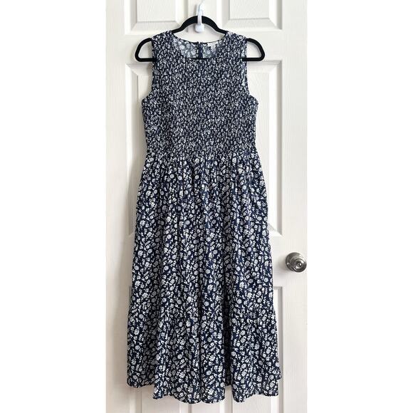 J. CREW 2024 Navy Floral Smocked Bodice Sleeveless Midi Dress - Picture 4 of 16